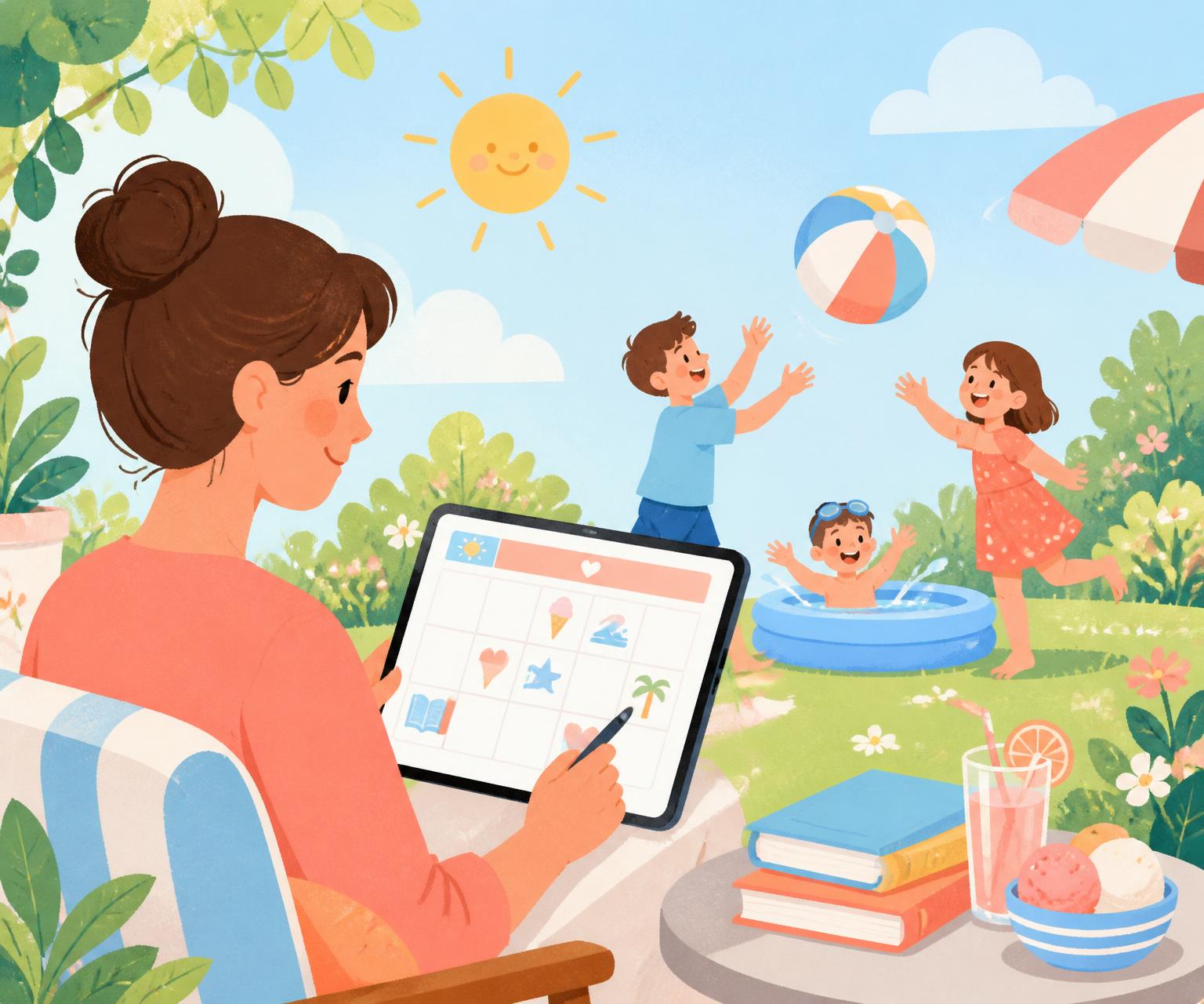 A parent plans the summer holiday on a tablet while children play in a sunny garden.